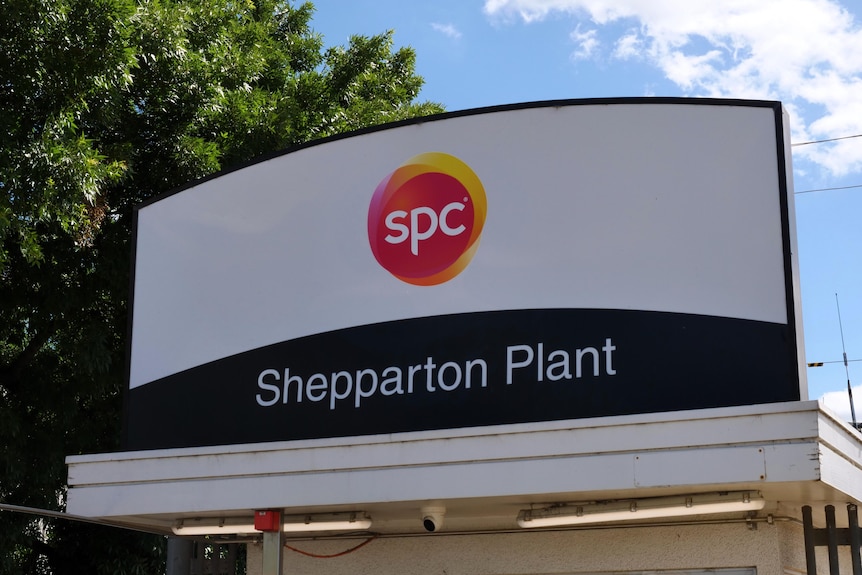 A sign above the entrance to the SPC plant in Shepparton