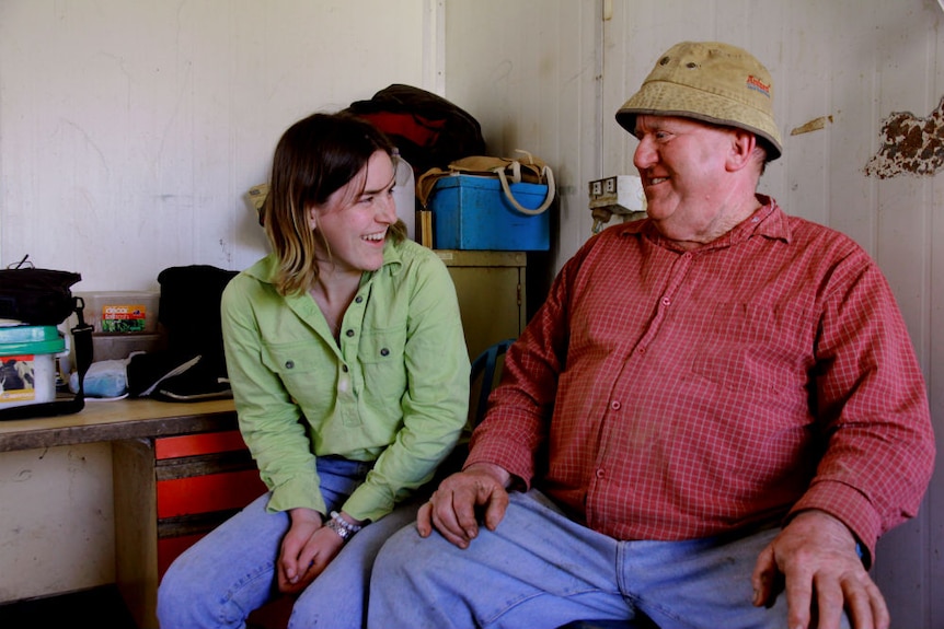 Sally Downie with her dad at the Jemalong dairy.