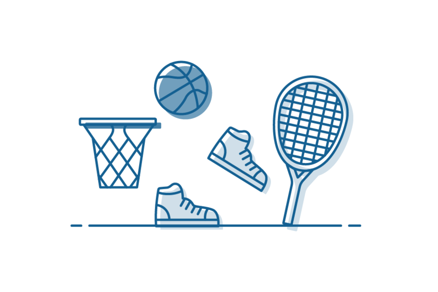 Icon drawing of a basketball and hoop, running shoes and tennis racket.