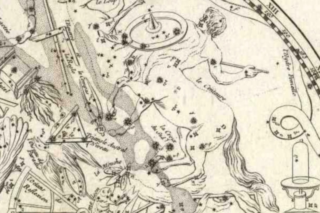 Toma de una página en blanco y negro de un atlas estelar que muestra un centauro ilustrado.