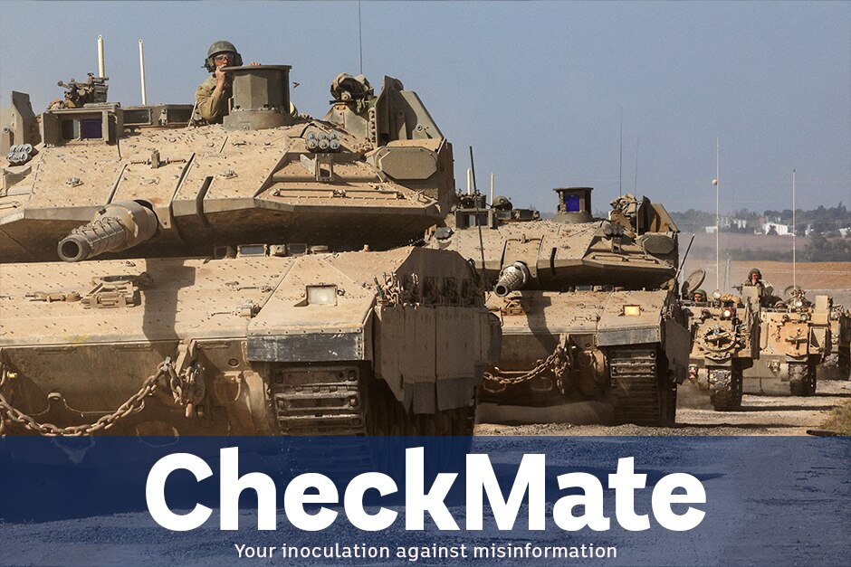 a column of beige tanks driving towards camera caption says CHECKMATE your inoculation against misinformation