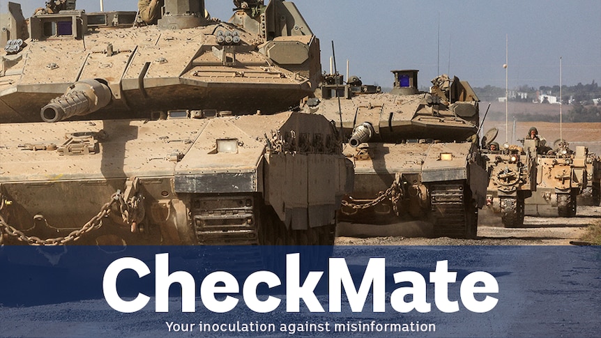 a column of beige tanks driving towards camera caption says CHECKMATE your inoculation against misinformation