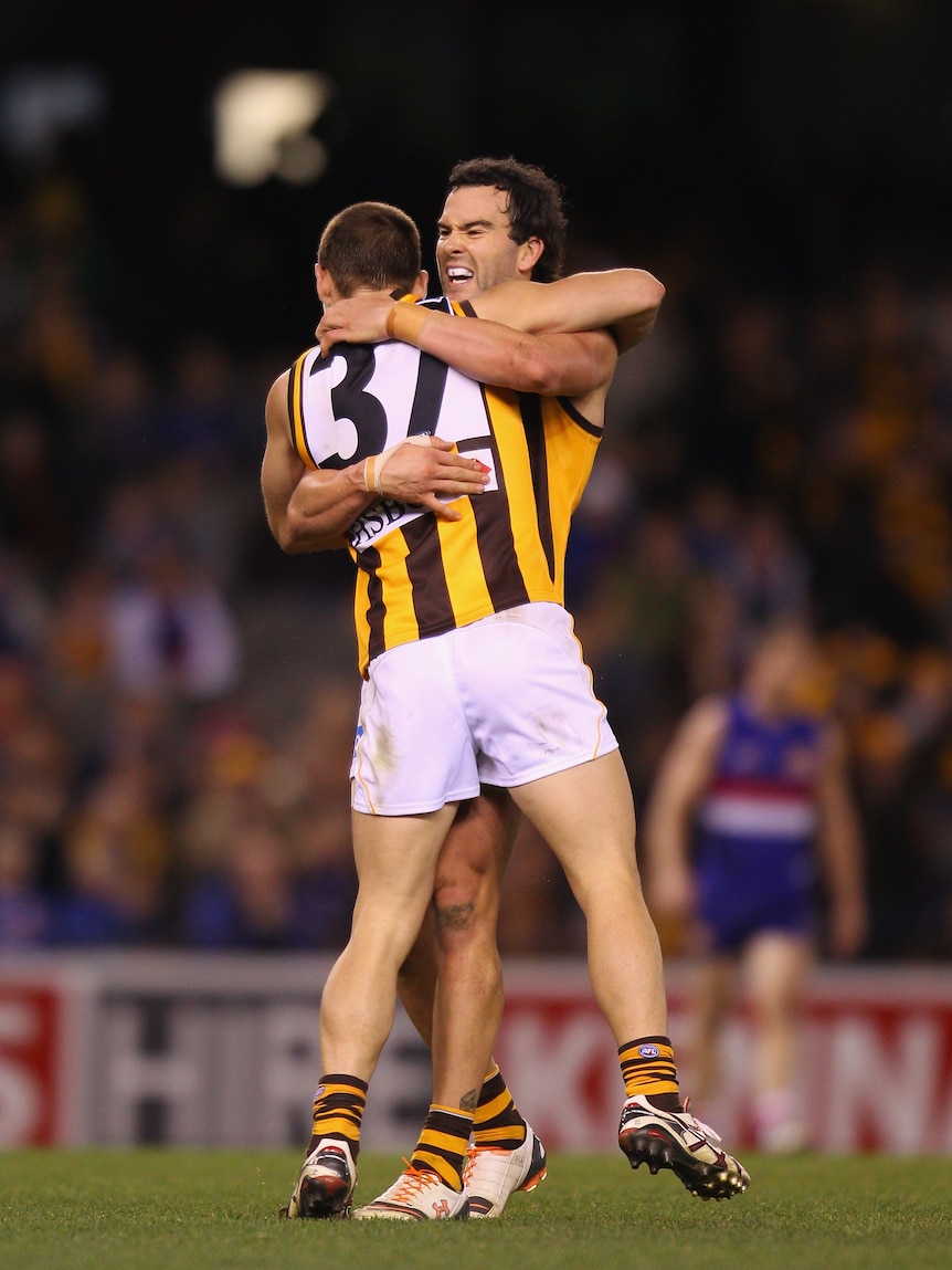 Hawks fly on ... Jordan Lewis celebrates a goal in Hawthorn's sixth straight win.