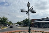 Ornate green street sign and lamp in foreground with warragul street in the background