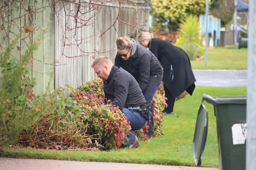 Three people crouch over with their hands in bushes.