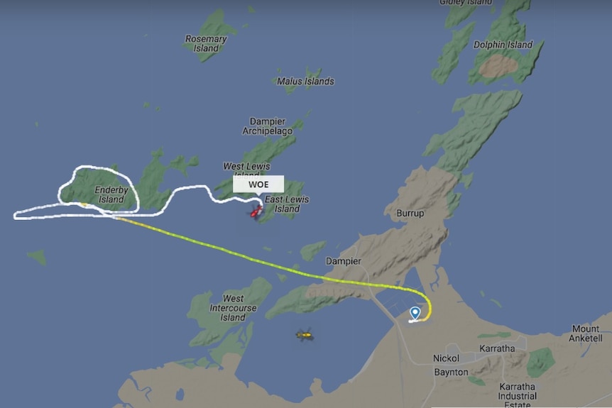 A map showing a flight course from Karratha to the Dampier Archipelago