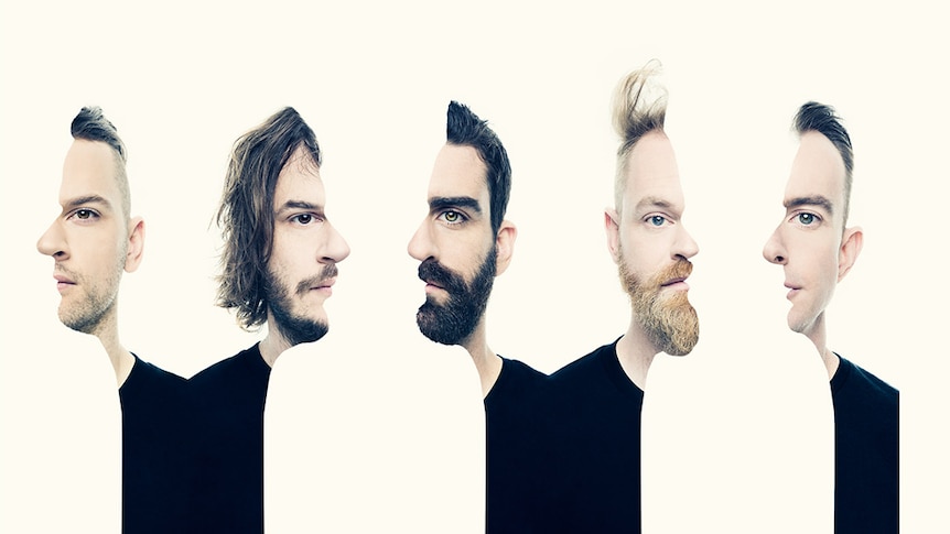 Image of Karnivool against white background, half of each member's face is obscured