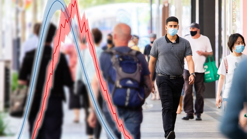 A chart overlaid on top of a crowd walking down a street with masks on.