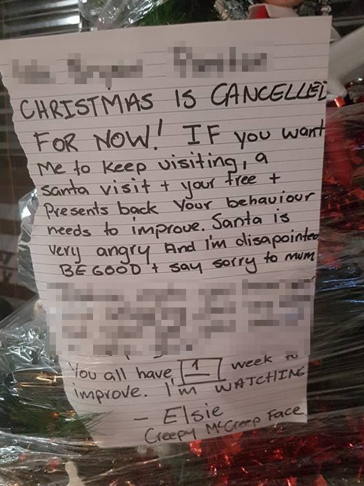 A note left to three children, cancelling Christmas "for now" after a weekend of bad behaviour