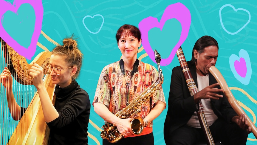 Genevieve Lang on harp, Katia Beaugeais holding a saxophone & William Barton on didgeridoo surrounded by graphic hearts