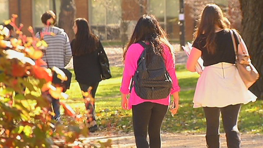 University students walk through a campus, with autumn leaves on the left.