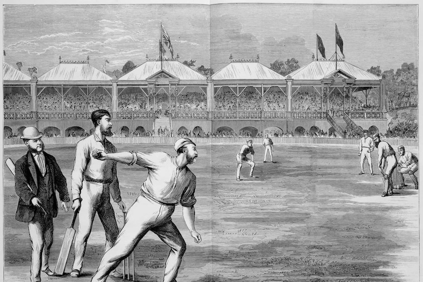 Black and white etching of an old-timey cricket match, with a large and full grandstand in the background.