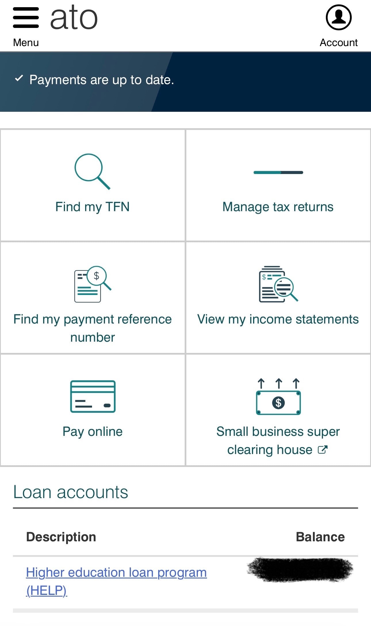 A screenshot of the ATO website that shows someone how much HECS/HELP debt they have owing