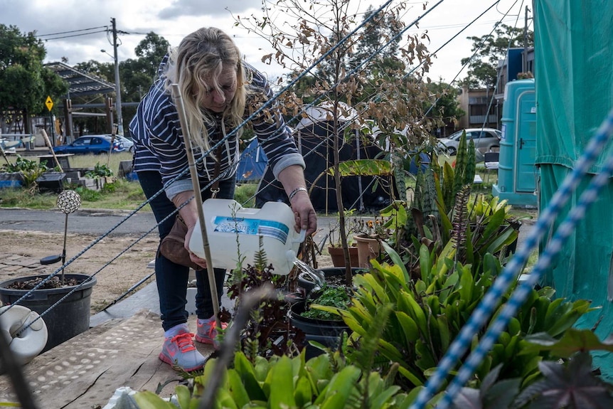 Felicity Coombs waters the small garden