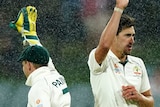Mitchell Starc and Tim Paine hold their hands up after completing a high five as droplets of rain fall through the sky.