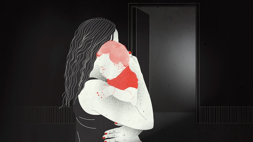 An illustration of a woman cradling a baby to her shoulder while look towards an open door