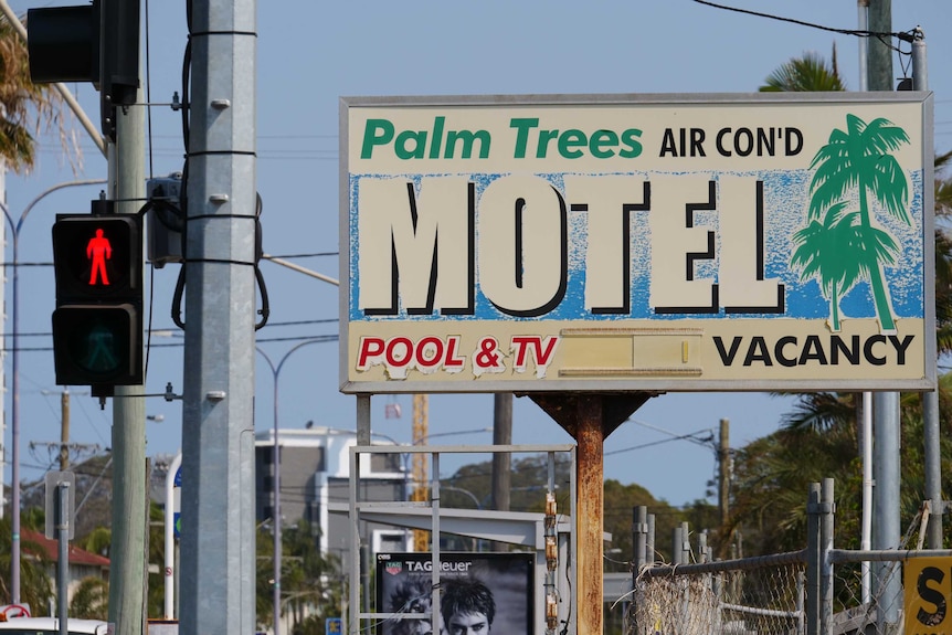 And old-style motel sign with palm tree beside a traffic light on what appears to be a busy road.