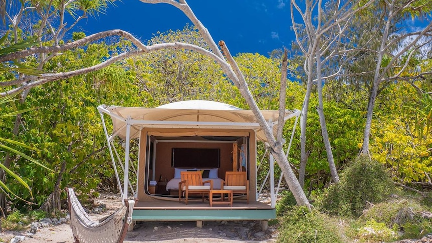 A beach cabin with a hammock in front of it is surrounded by trees.