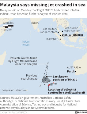 A map of the MH370 search area and key points