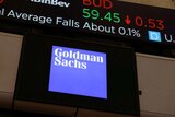 The logo for Goldman Sachs is seen on the trading floor at the New York Stock Exchange 