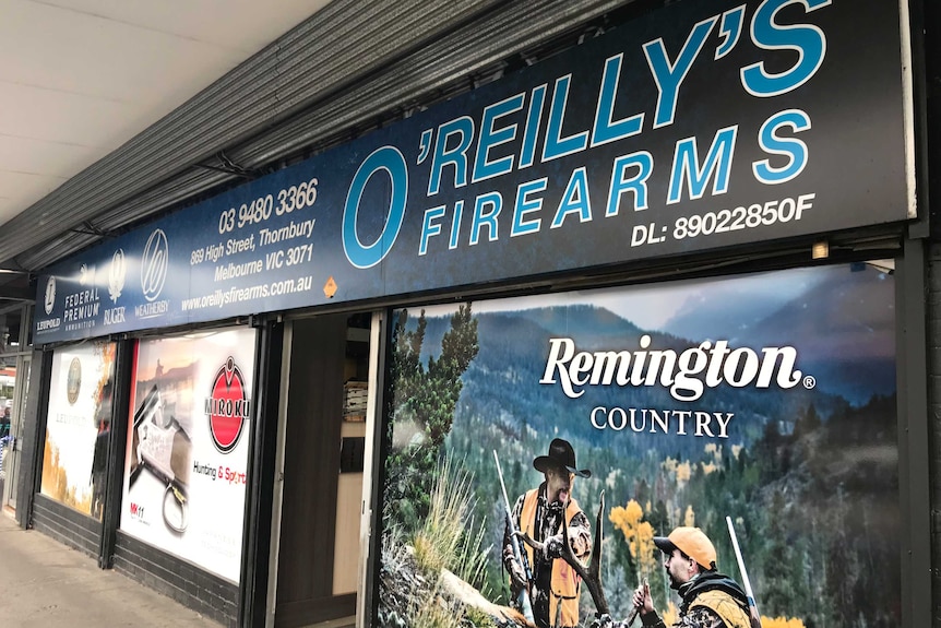 O'Reilly's Firearms sign at Thornbury Victoria.