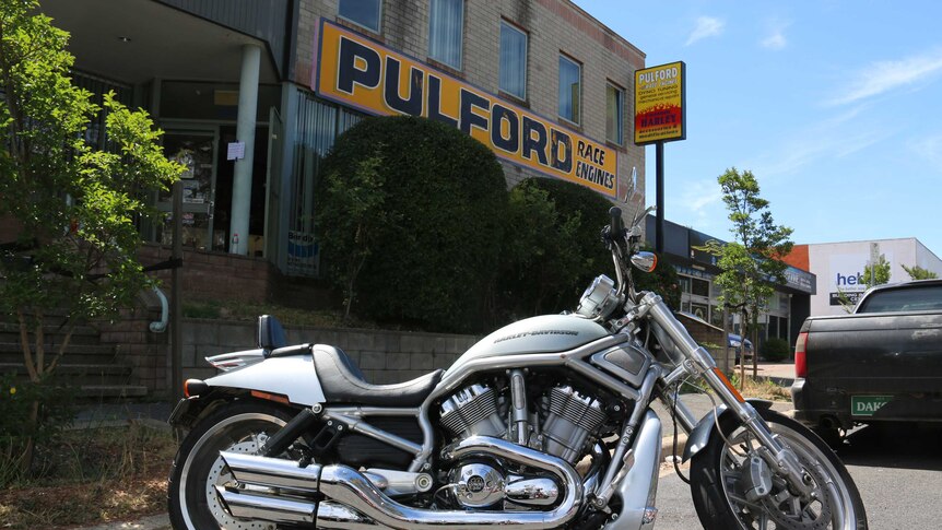 A motorbike outside the Pulfords Race Engines building at Mitchell.