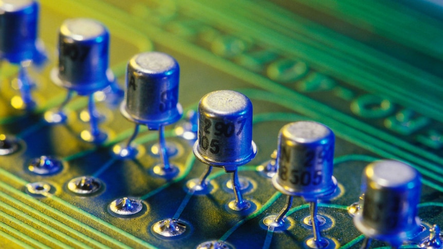 Transistors on a circuit board.