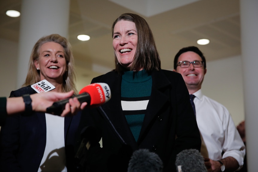 IN CORE Perin Davey, Bridget McKenzie and David Littleproud after leadership vote20220530_024354859_iOS