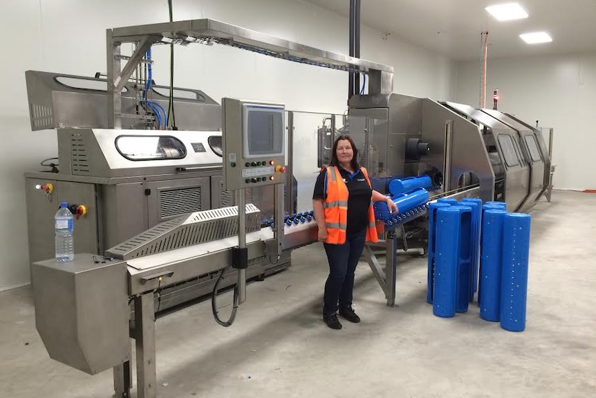 A woman stands next to a large metal food processing machine.