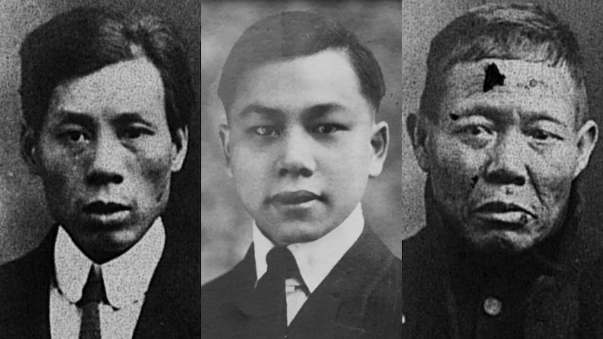 A composite photo of three black-and-white photos of Chinese men. 