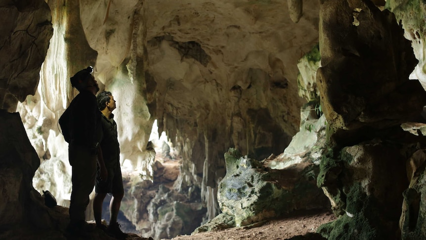 Maxime Aubert dan Pindi Setiawan di dalam gua tempat ditemukannya gambar cadas banteng.