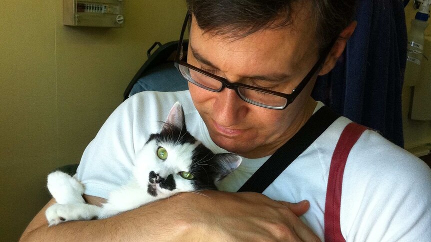 A man cuddles and fluffy black and white cat he is about to adopt.