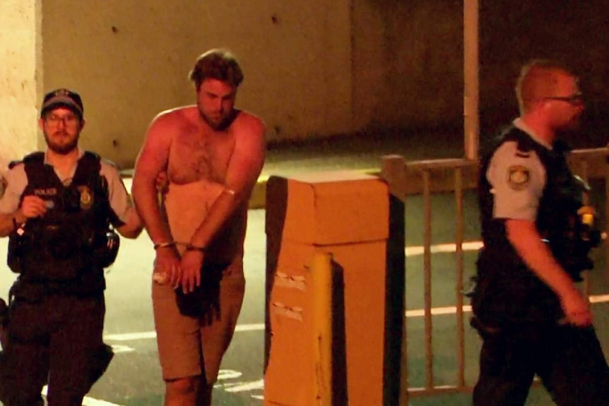 A shirtless man in handcuffs is flanked by two police officers.