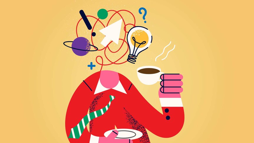cartoon image of man drinking coffee, with ideas symbols floating on top of where his head should be, against yellow background