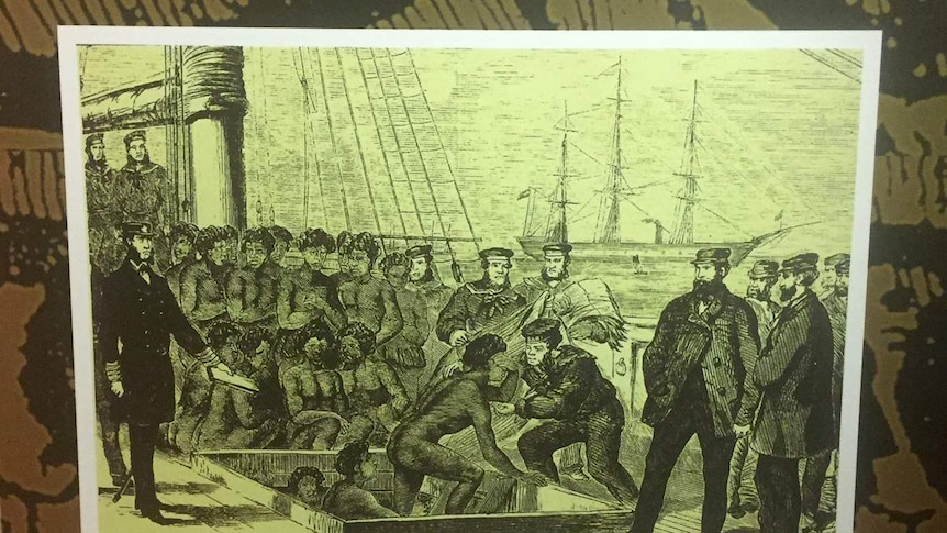 A depiction of slaves being freed from a slave ship at the WA Shipwrecks Museum James Matthews display in Fremantle.