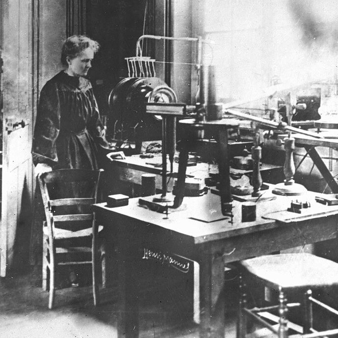 circa 1900, Marie Curie, (Polish born French Physicist) 1867-1934, pictured in her laboratory