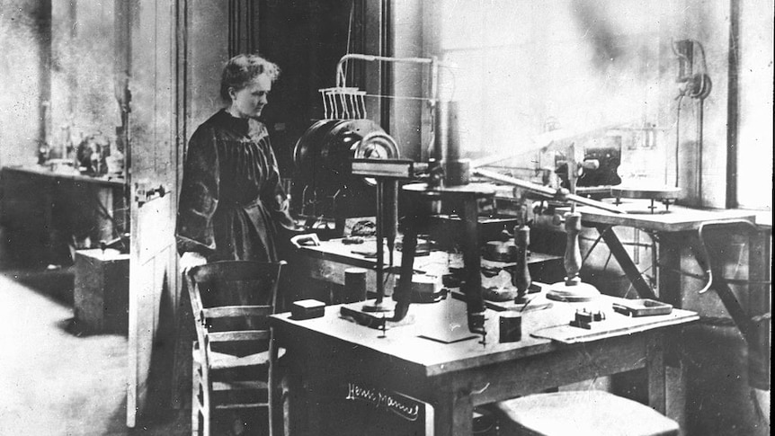 circa 1900, Marie Curie, (Polish born French Physicist) 1867-1934, pictured in her laboratory