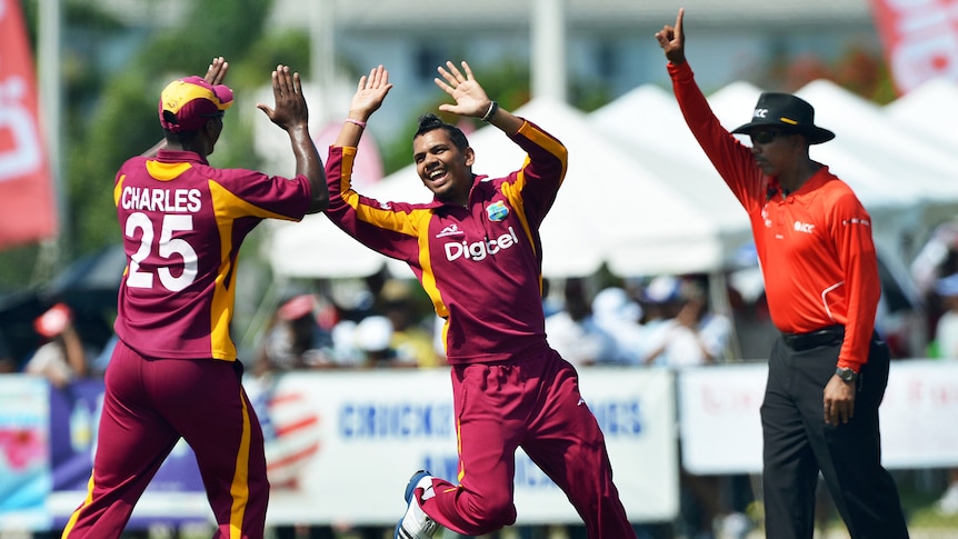 West Indies spinner Sunil Narine takes a wicket in Twenty20 cricket against New Zealand.