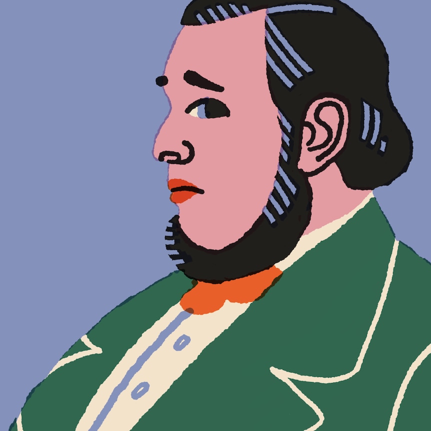 a profile image of a fat man in a green dress suit with a blue background