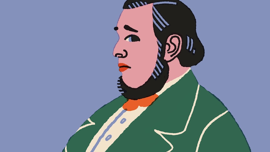 a profile image of a fat man in a green dress suit with a blue background