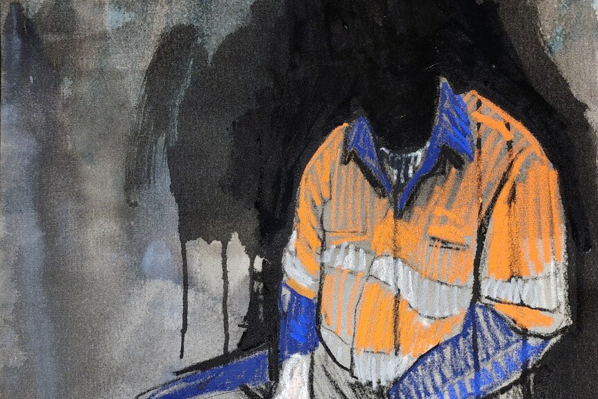 A painting of a person in a high vis shirt with their face covered with black paint. 