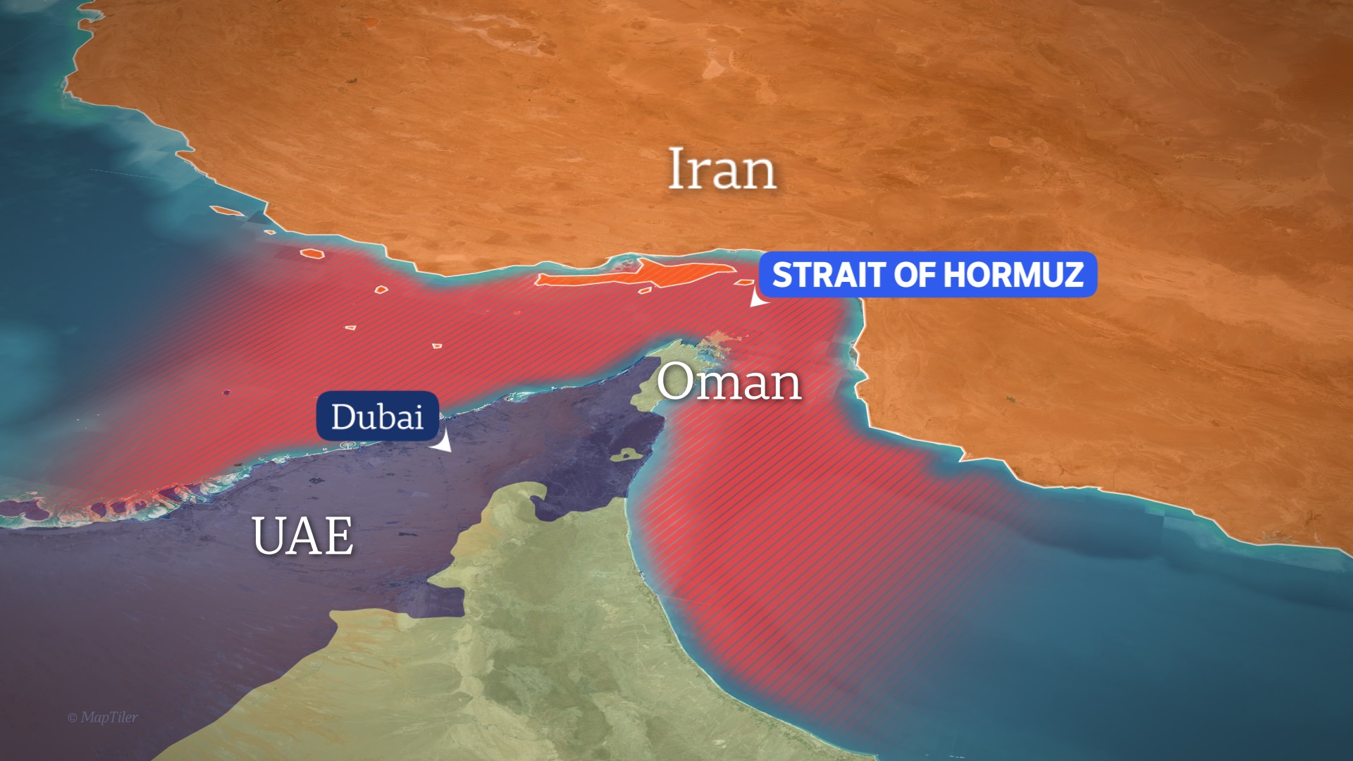 A graphic showing the Strait of Hormuz, coloured in red, between Oman and Iran, with the UAE also labelled