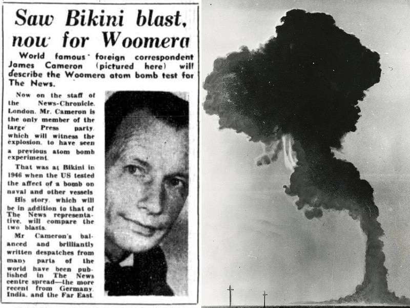 An article ahead of the Emu Field nuclear tests alongside a picture of the cloud from the first blast.