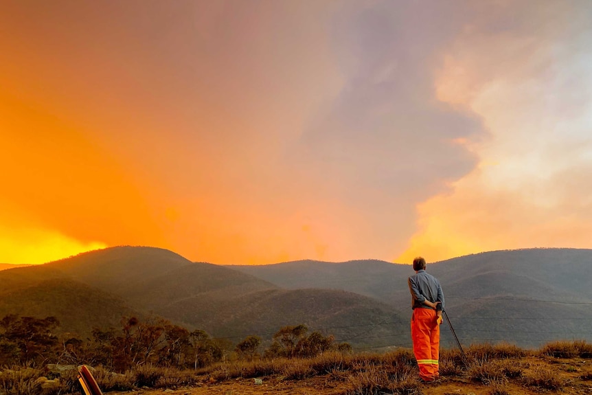 A man dressed in fire gear watches an burnt and smoky horizon near sunset.