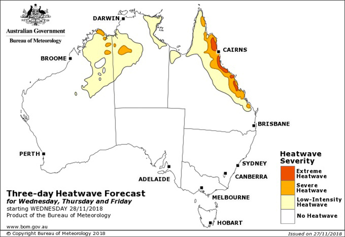 Map of heatwave situation predicted in Australia for three days starting November 28, 201u8.