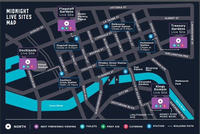 Map of the live sites for New Year's Eve celebrations at midnight in Melbourne.