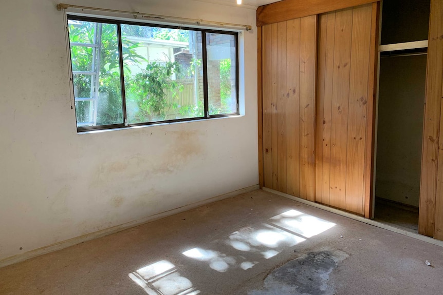 a bare bed room with a walk in a wardrobe, the carpet is torn or rotted