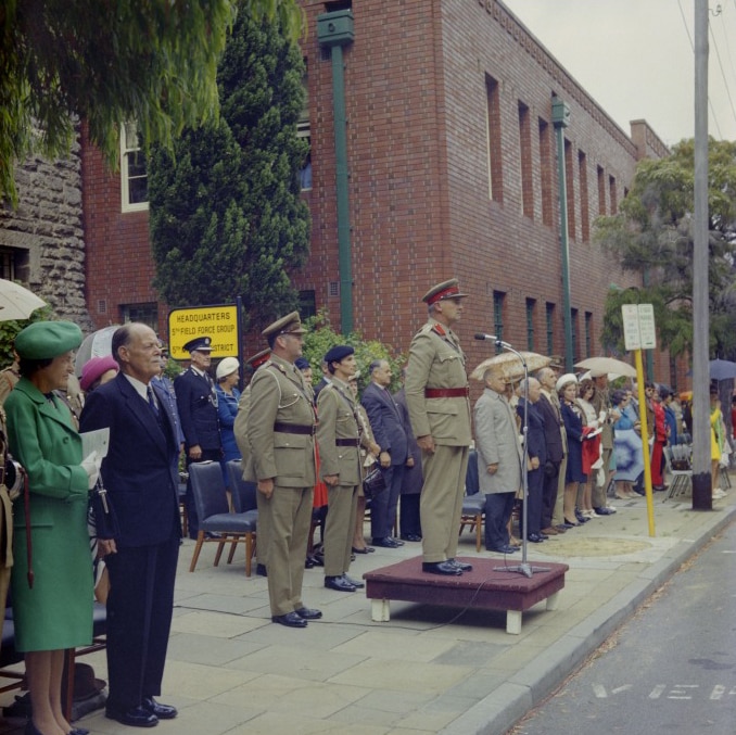Military parade and medal presentation at Swan Barracks, Perth. 1973.