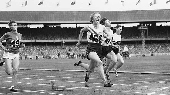 Photo finish of the women's 100m final, 1956 Melbourne Olympics
