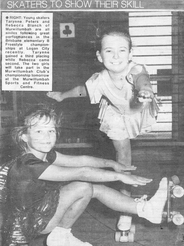 Old 1980's newspaper clipping of two tween roller skaters 